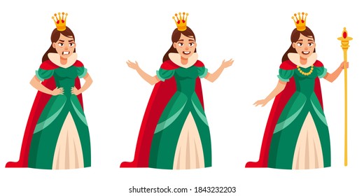 Queen in different poses. Royal character in cartoon style.