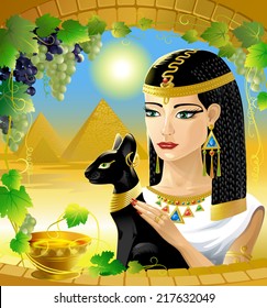 Queen Of Egypt. Egyptian woman with a black cat. Vector illustration.