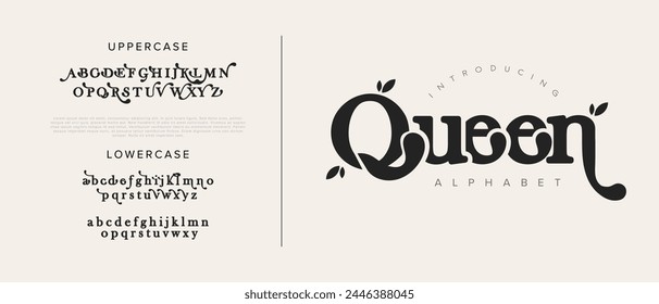 Queen elegante Fuente Mayúsculas Minúsculas y Número. Diseños de moda minimalistas con letras clásicas. Tipografía moderna serif Fuentes concepto decorativo vintage regular. Ilustración vectorial