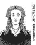 Queen Elizabeth I 1533-1603 face drawing. Hand-drawn engraving of first Queen of England known for defeating Spanish Armada. Vector black and white historical illustration.