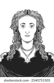 Queen Elizabeth I 1533-1603 face drawing. Hand-drawn engraving of first Queen of England known for defeating Spanish Armada. Vector black and white historical illustration.