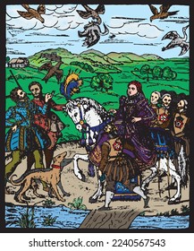Queen Elizabeth I riding horse   hunting and hawks   falcons  dogs    16th century 