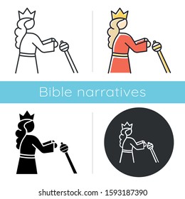 Queen Esther Bible story icon. Persian queen in crown. Religious legend. Christian religion. Old Testament Biblical narrative. Glyph, chalk, linear and color styles. Isolated vector illustrations