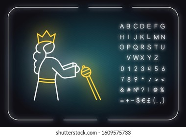 Queen Esther Bible story neon light icon. Persian queen in crown. Old Testament Biblical religious narrative. Glowing sign with alphabet, numbers and symbols. Vector isolated illustration