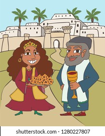 queen esther and mordecai on ancient city background,  purim holiday cartoon illustration