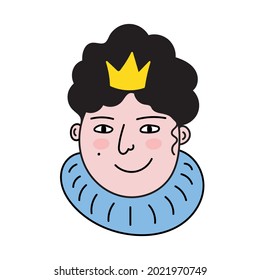 Queen face, handgezeichnetes Frauenlogo mit Krone auf ihrem Kopf.Avatar, einfache Ikone.Doodle-Stil,Minimalismus.Isolated.Vektorgrafik