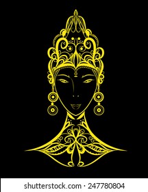 Queen Face, Woman Golden Pattern Face, Mongolian, Goddess On Black Background