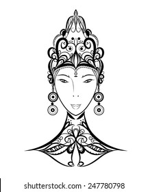 Queen face, woman pattern face, mongolian, goddess on white background