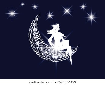 Rainha, fada Rhinestone fundo. princesa Crescent Moon e Starburst em Starry Night. Bom para cartazes, impressões de tecidos, planos de fundo de páginas da Web, convites de cartão de aniversário e designs de camisetas.