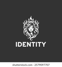 Queen of fire logo design vector illustration in black and white style on a black background