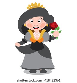 Queen with a flower. Cartoon characters vector.