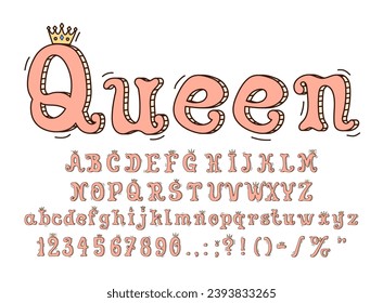 Queen font, princess type, royal typeface, english alphabet with golden crowns, exudes regal elegance with ornate, cute cartoon pink letters. Graceful, swirly characters conveying sense of enchantment