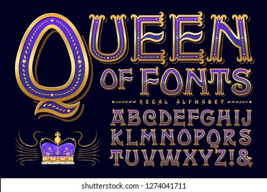 Queen of Fonts is a regal antique-styled alphabet. The ornate detailing is suggestive of medieval or renaissance Europe