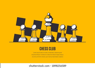 Queen and Four Pawns and Chess Board Pattern on Background. Chess Tournament Banner Template.