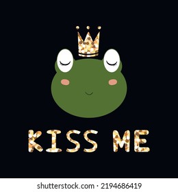 Queen frog logo vector icon. King toad. Kiss me quote.