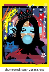 Queen, girl with crown and chewing gum, pop art background  vector