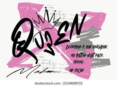 Texto do slogan estilo grafite da rainha. Desenho da coroa. Design de ilustração vetorial para gráficos, impressões de camisetas, moletons. Desenho da coroa. Estilo de grafite da rainha slogan texto lettering, Queen grunge