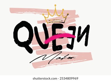 Letras de texto de eslogan de estilo graffiti de reina. Dibujo de la corona. Diseño de Ilustración vectorial para gráficas, estampados de camisetas, sudaderas. Dibujo de la corona. Letras de texto de eslogan de estilo graffiti Queen, Queen grunge
