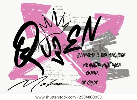 Queen graffiti style slogan text lettering. Crown drawing. Vector illustration design for graphics, t shirt prints, sweatshirts. Crown drawing. Queen graffiti style slogan text lettering, Queen grunge