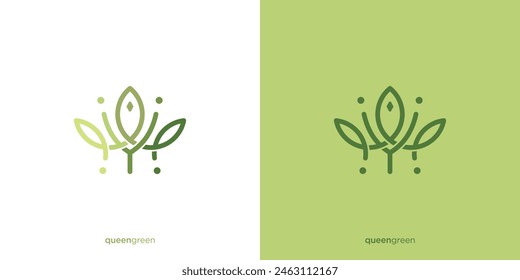 Queen Green Logo Design. Abstract Crown and Leaf with Line art Outline Style. Royal Beauty Luxury Logo, Icon, Symbol, Vector, Design Template.