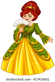 Queen in green and yellow dress illustration