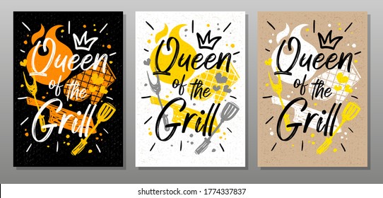 Queen grill, quote food poster. Cooking, culinary, kitchen, bbq, barbecue, axe, fork, knife, master chef. Lettering, calligraphy poster, chalk, chalkboard, sketch style. Vector illustration