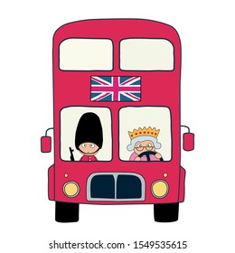 The Queen with a guard at Buckingham Palace drives a red double-decker bus. Cute, children’s, cool vector illustration isolated on a white background.