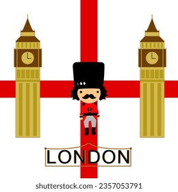 queen guard in the middle of big ben british flag background vector