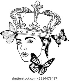 queen head with butterfly monochrome vector illustration isolated on white background.