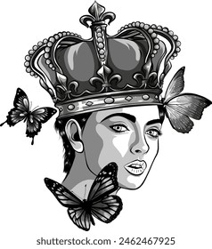 queen head with butterfly monochrome vector illustration isolated on white background.