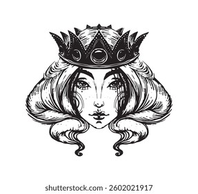 Queen head vintage stylish icon, woman in crown with gorgeous hair illustration, mystical tattoo, fairy tale engraving for logo, isolated vector.