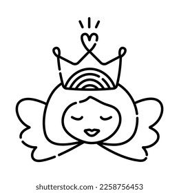 Queen head with wings, angel with crown, vector black line illustration