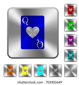 Queen of hearts card engraved icons on rounded square glossy steel buttons