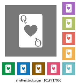 Queen of hearts card flat icons on simple color square backgrounds