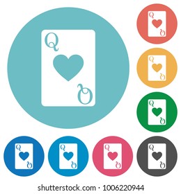 Queen of hearts card flat white icons on round color backgrounds