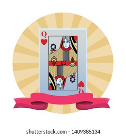 queen of hearts card icon cartoon pop art round icon with ribbon vector illustration graphic design