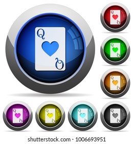 Queen of hearts card icons in round glossy buttons with steel frames