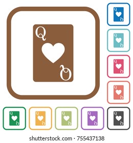 Queen of hearts card simple icons in color rounded square frames on white background