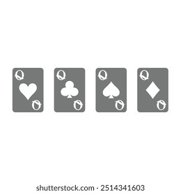 Queen of hearts, clubs and diamonds vector icons. Queen playing card deck icon set.