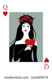 Queen of Hearts with crown, roses and thorns, holding a heart. Poker card