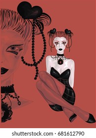 Queen of hearts - High detailed vector illustration - Pretty goth girl with red and black  hair, reddish brown eyes with heart inside in black dress