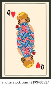 Queen of Hearts. Playing card. Beautiful character. Cute blonde lady. Gambling, poker concept. Cartoon style. Hand drawn modern Vector illustration. Poster, t-shirt print, logo template, tattoo idea