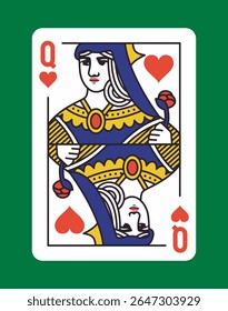 Queen of Hearts playing card with bold colors and stylized lines on a green background, representing luck, games, and classic card symbolism. Vector illustration