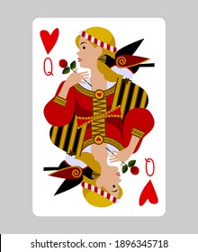 Queen of Hearts playing card in funny flat modern style. Faces double sized. Original design. Vector illustration