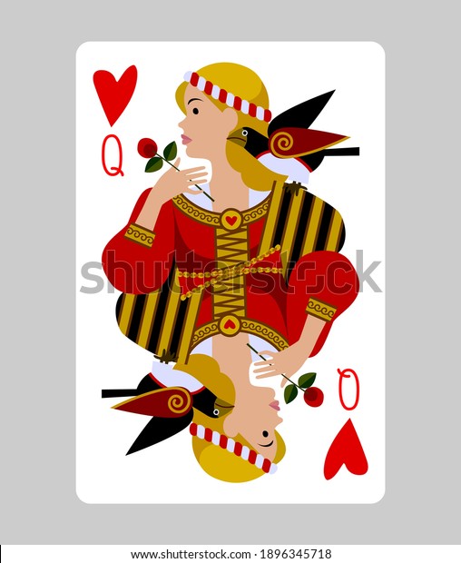 Queen of\
Hearts playing card in funny flat modern style. Faces double sized.\
Original design. Vector\
illustration
