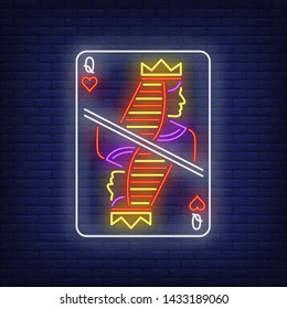 Queen Of Hearts Playing Card Neon Sign. Gambling, Poker, Casino, Game Design. Night Bright Neon Sign, Colorful Billboard, Light Banner. Vector Illustration In Neon Style.