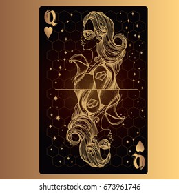 Queen of hearts. Playing card with original design on the theme of space.