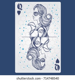 Queen of hearts. Playing card with original design on the theme of space.