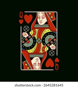 Queen of Hearts. Playing Poker Card in black design. Editable stroke lines. Isolated vector illustration. 