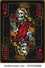 Queen Of Hearts Poker Card Template With Skeleton In Crown Holding Rose Flower On Gambling Icons Background Vector Illustration